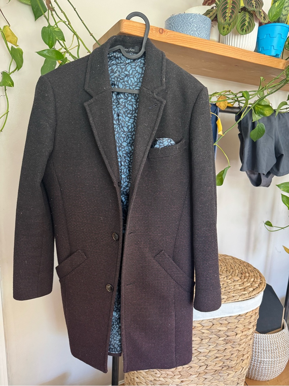 Black Textured Wool-Blend OverCoat with blue Leaf Lining